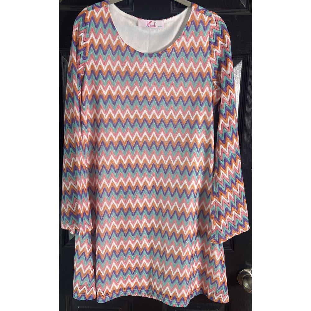 Krush The Runway Women’s Medium Multicolor Chevron ZigZag Bell Sleeve Dress Boho